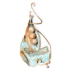 Artisan Copper Peas in a Pod Brooch Pin Verdigris Patina Wire Wrapped Botanical